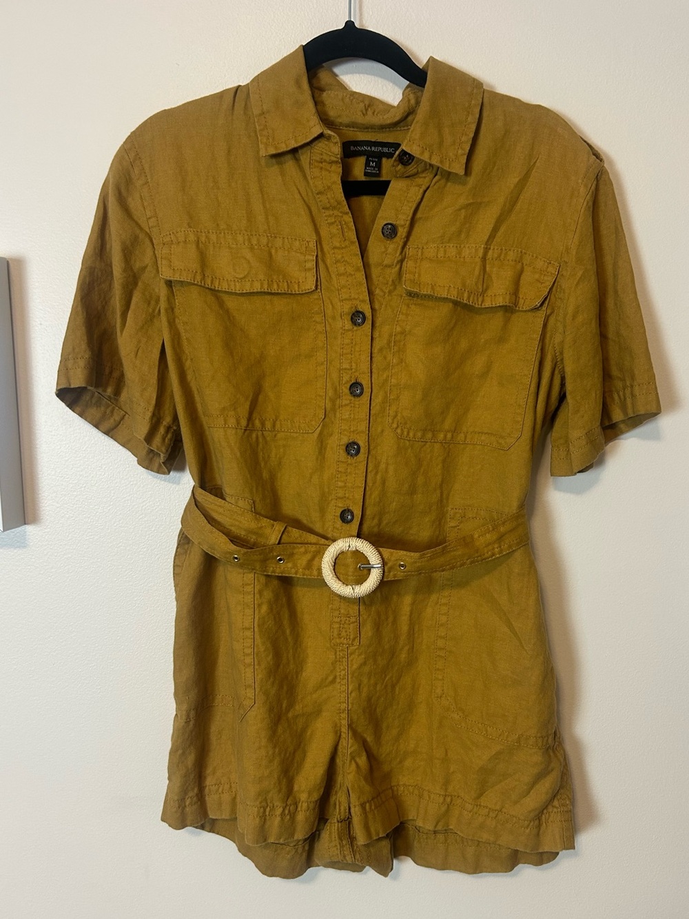 Banana Republic 100% Linen Utility Romper Petite Medium Mustard Yellow